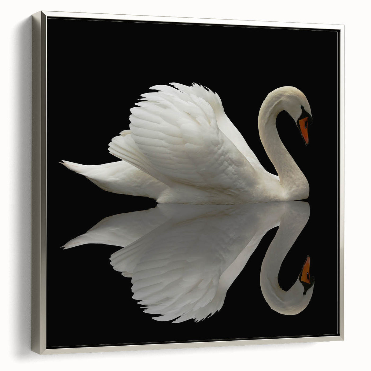 Framed wall art featuring an elegant swan design in silver hues, showcasing a contemporary aesthetic perfect for modern home decor. The artwork adds a sophisticated touch to any living space.
