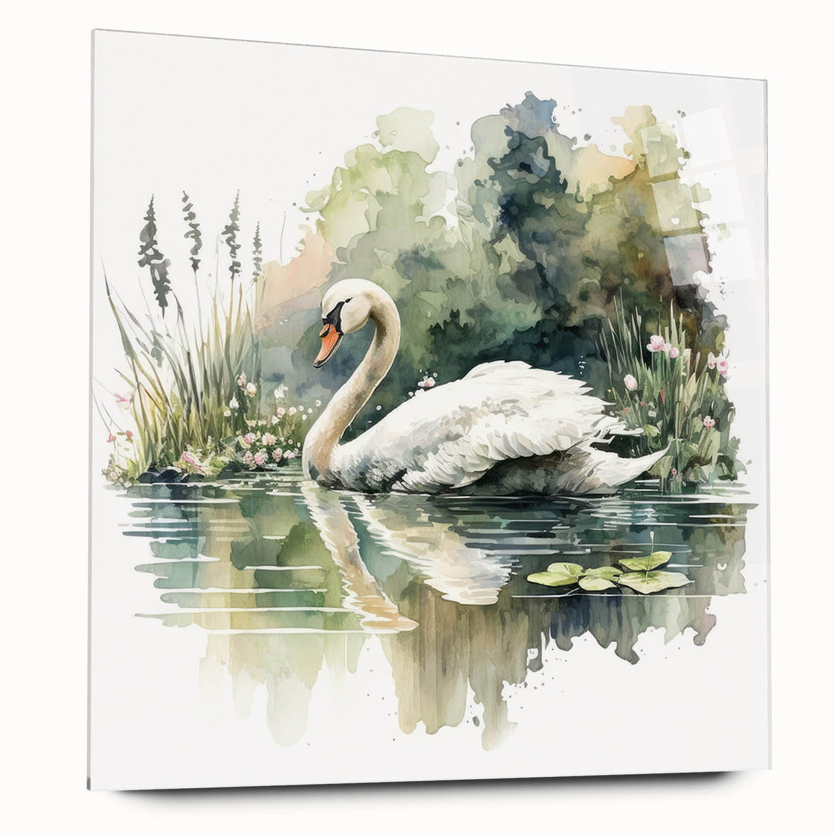 Swan design wall art collection displayed from the side, featuring acrylic glass for a sleek finish, perfect for modern home decor. The artwork's vibrant colors enhance any space, making it an eye-catching focal point.