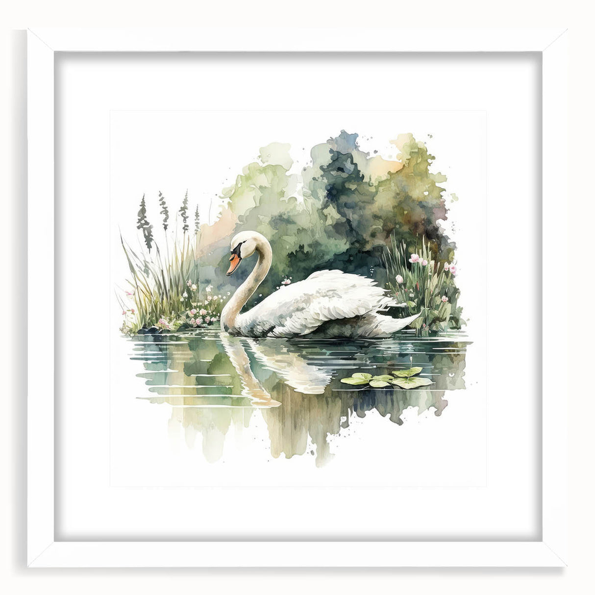 Elegant wall art featuring a serene swan design framed in white with a mat, perfect for enhancing modern home decor. Ideal for nature lovers and art enthusiasts.