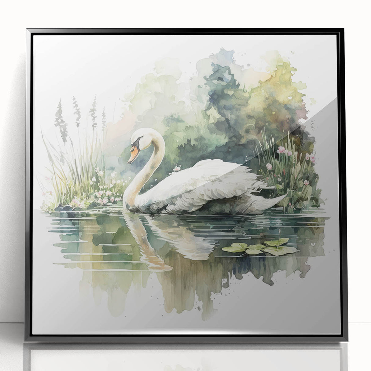 Framed wall art featuring a stunning swan design, showcasing graceful birds in elegant flight against a sleek black background, perfect for modern home decor.