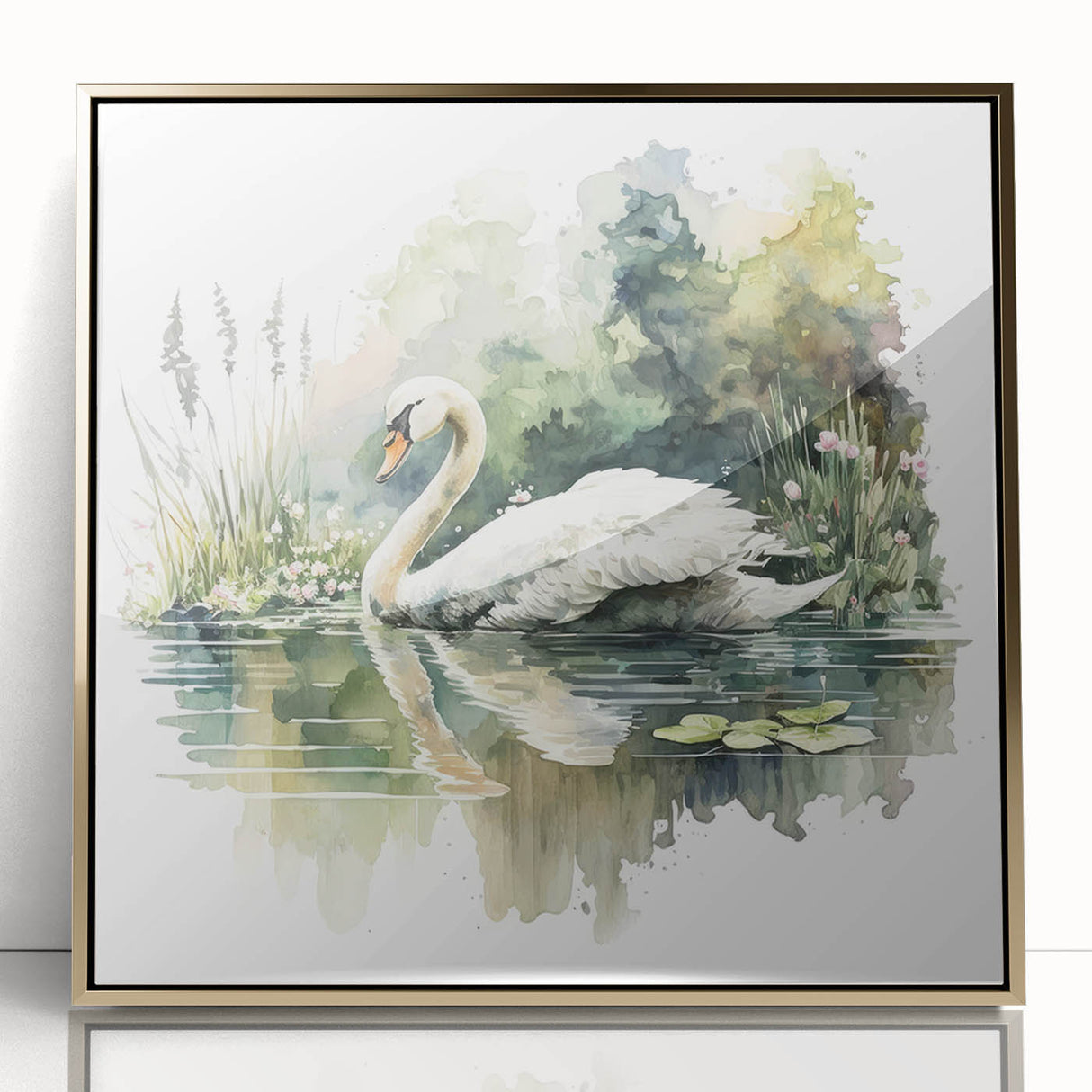 Framed wall art showcasing a stylish swan design in gold acrylic, perfect for modern home decor. This elegant piece adds a touch of sophistication to any living space.