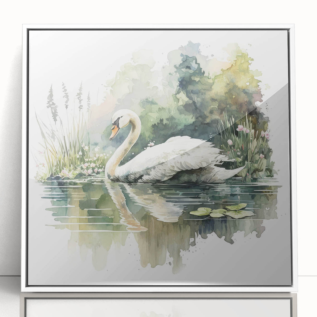 Framed acrylic wall art featuring an elegant swan design in a white frame, showcasing delicate details and soft colors, perfect for enhancing home decor.