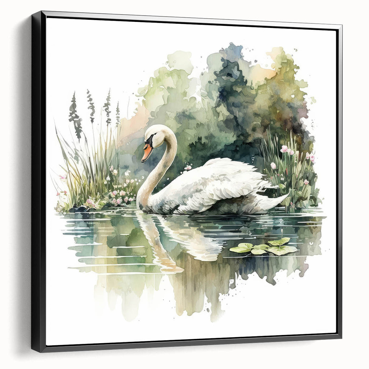 Framed canvas wall art featuring a serene swan design on a black background, showcasing elegant details and intricate textures, perfect for home decor enhancement.