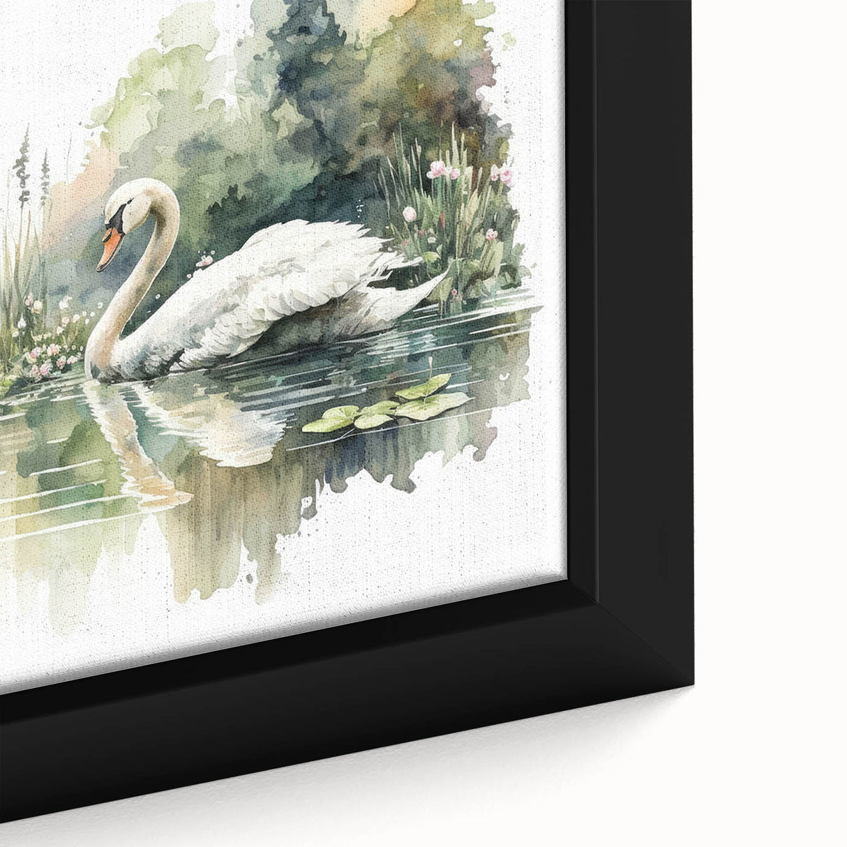 Close-up of a beautifully framed canvas wall art featuring an elegant swan design, showcasing intricate details and vibrant colors, perfect for home decor.