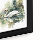 Close-up of a beautifully framed canvas wall art featuring an elegant swan design, showcasing intricate details and vibrant colors, perfect for home decor.