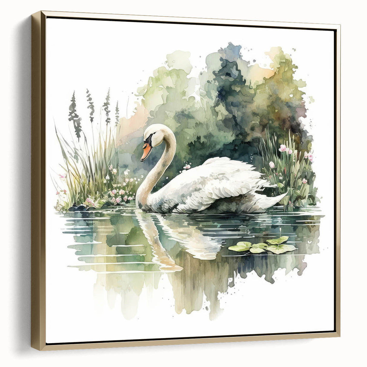 Elegant framed wall art featuring a serene swan design in gold hues, showcased from a side view. The intricate details and premium finish enhance any decor, perfect for nature lovers.