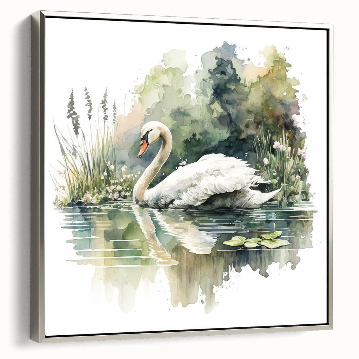 Framed canvas wall art showcasing an elegant swan design in silver tones, set against a minimalistic background, perfect for modern home decor.