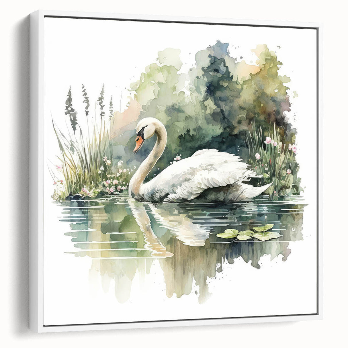 Framed wall art featuring a serene swan design on a white canvas, showcasing elegant brush strokes and soft colors, perfect for enhancing home decor.