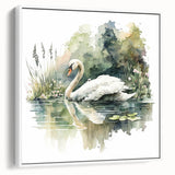 Framed wall art featuring a serene swan design on a white canvas, showcasing elegant brush strokes and soft colors, perfect for enhancing home decor.