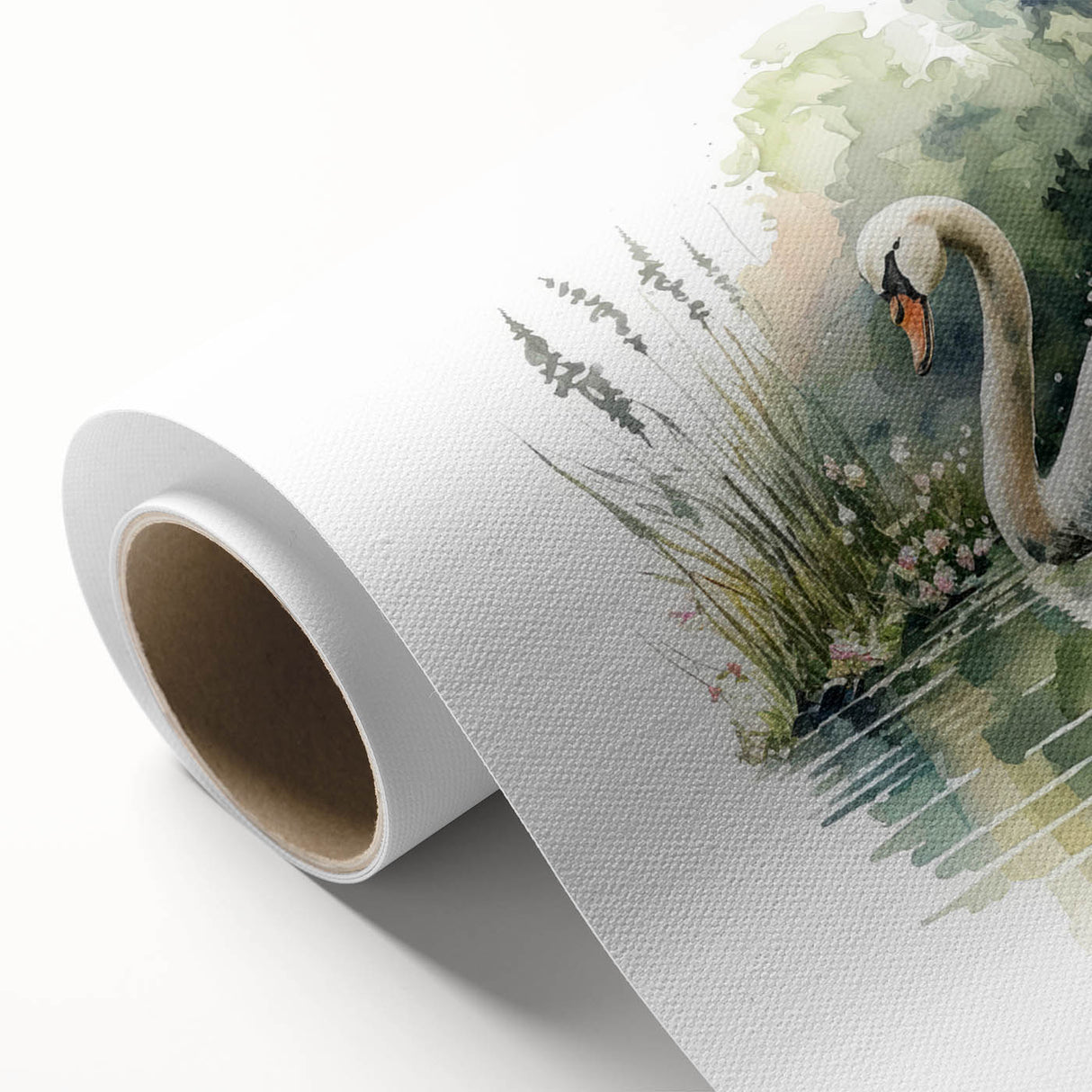Swan-themed rolled canvas wall art, showcasing a serene design featuring elegant swans in a tranquil water setting, perfect for home decor enhancement.