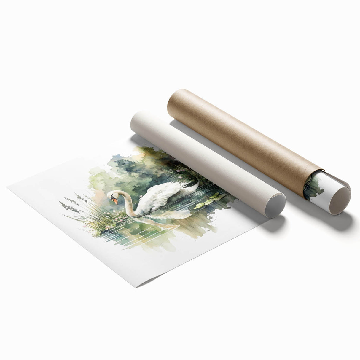 Elegant wall art print showcasing a serene swan design in soft pastel colors, rolled and ready for display, perfect for enhancing home decor aesthetics.