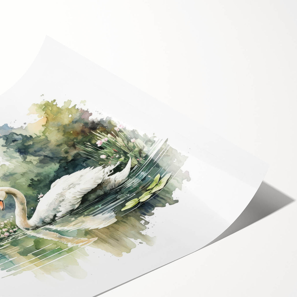 Elegant wall art print showcasing a serene swan design with soft pastel colors, perfect for home decor. Features a rolled format for easy framing and display.