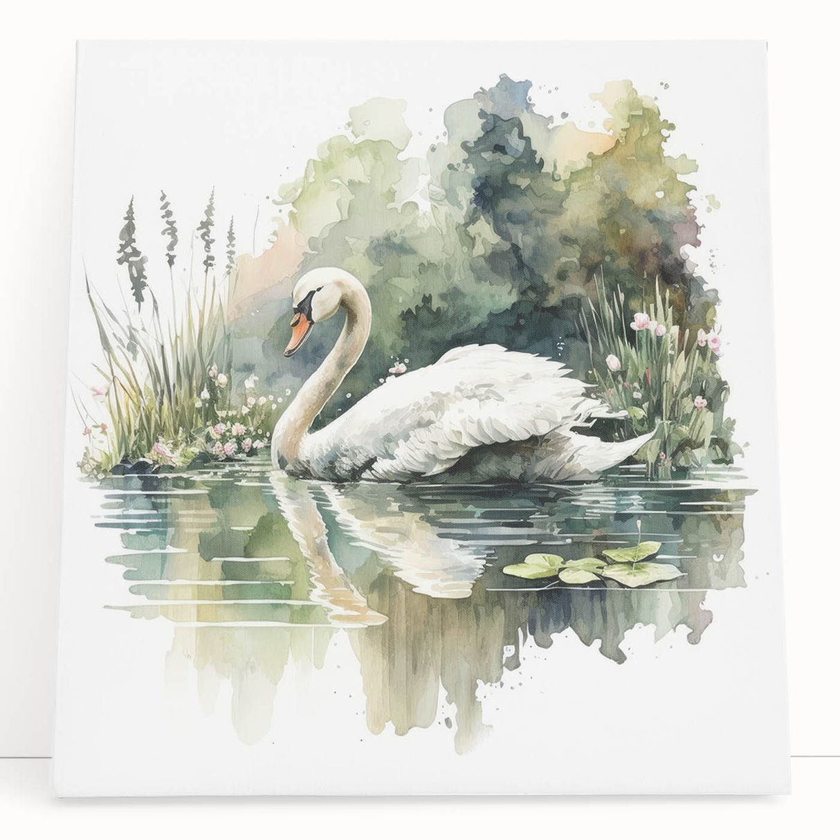 Stretched canvas wall art featuring an elegant swan design, showcasing soft pastel colors and intricate details, perfect for home decor or art enthusiasts.