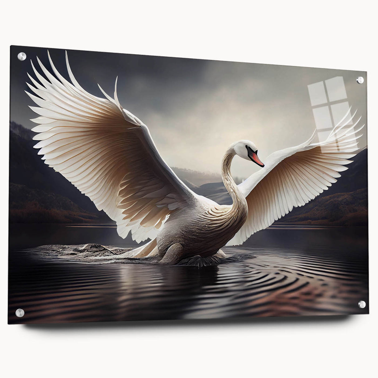 Acrylic glass wall art featuring a swan design, showcasing vibrant colors and intricate details, displayed with stylish pins on a modern wall. Perfect for enhancing home decor.