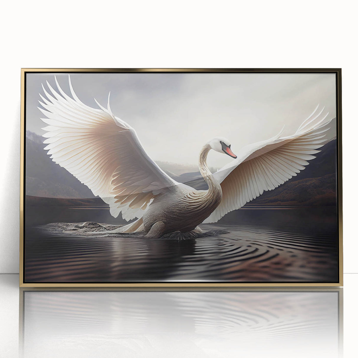 Framed wall art featuring a gold-accented swan design in an elegant setting, showcasing intricate details and vibrant colors, perfect for home decor enhancement.