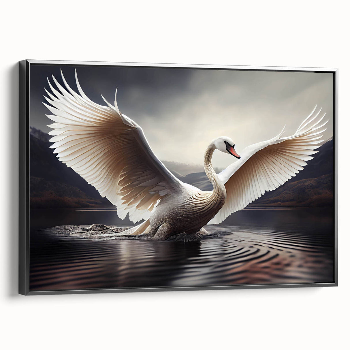 Framed canvas wall art showcasing a serene swan design, featuring a black frame, adding elegance to home decor. Ideal for nature enthusiasts and art lovers.