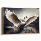 Framed canvas wall art showcasing a serene swan design with gold accents, ideal for elegant home decor. This piece adds a touch of sophistication to any room.