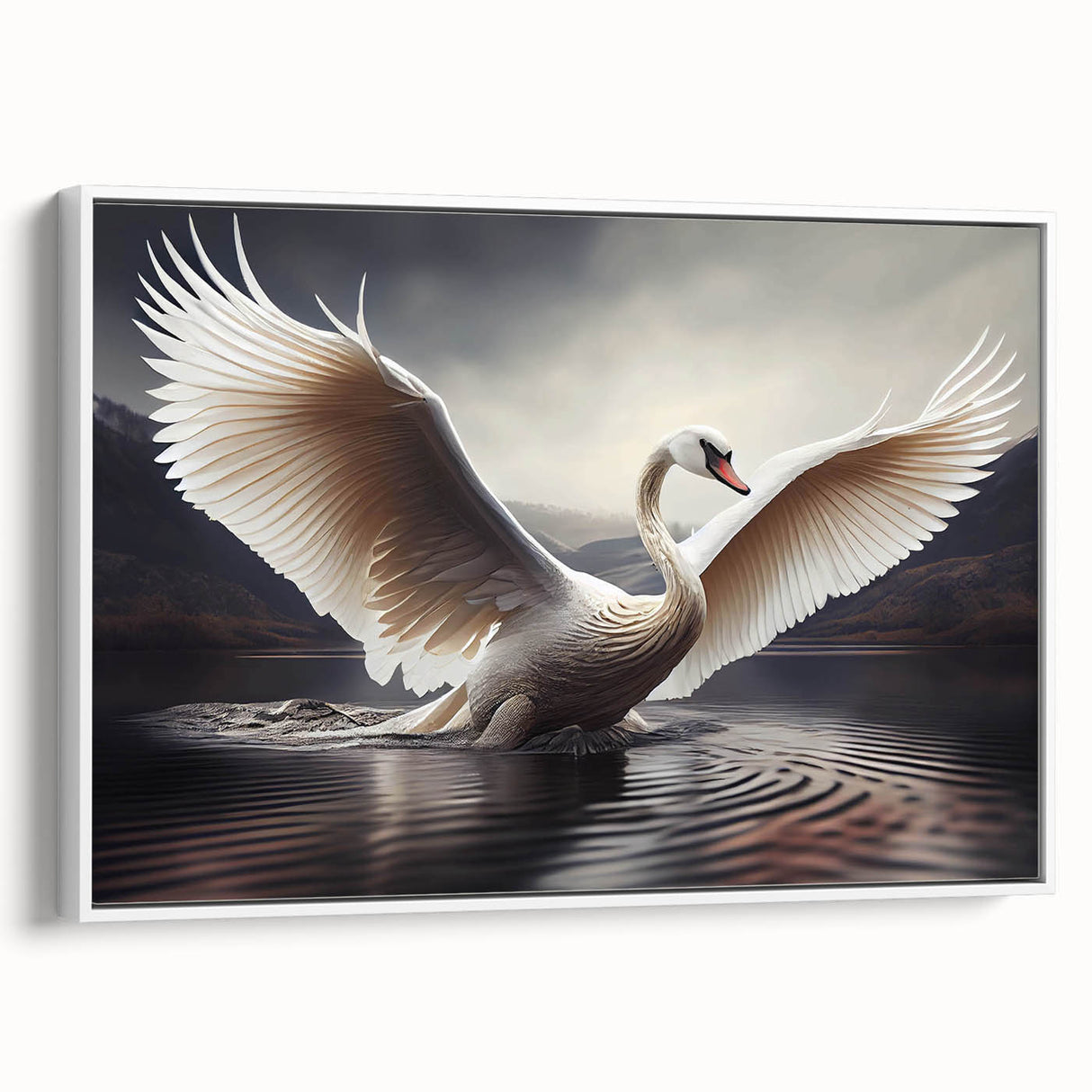 Framed wall art displaying a serene swan design on a white canvas, showcasing elegant details and a contemporary aesthetic, perfect for home decor enhancement.