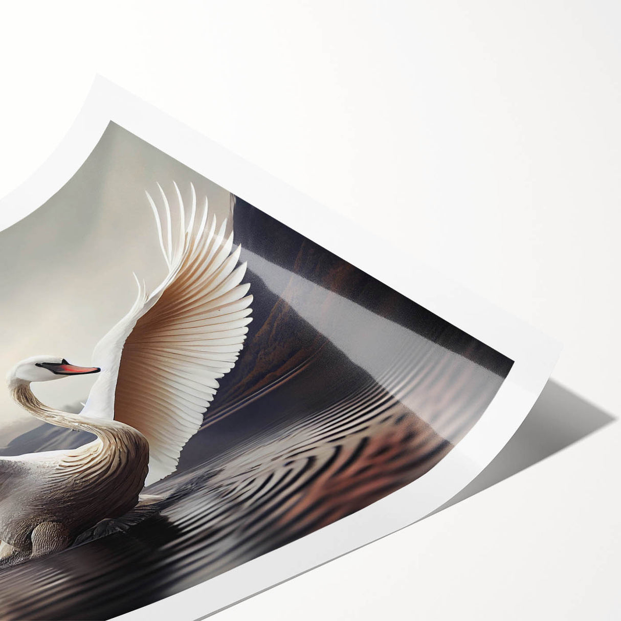 Rolled print of a serene swan design in a minimalist style, showcasing soft pastel colors and elegant lines, perfect for home decor or wall art collection.