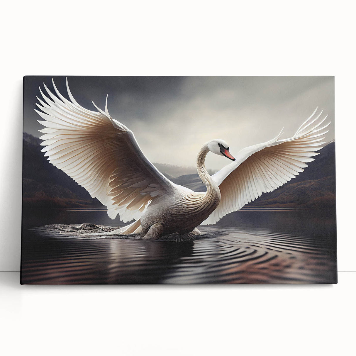 Elegant swan wall art design on stretched canvas, showcasing soft pastel colors and intricate details, perfect for home decor and enhancing living spaces.