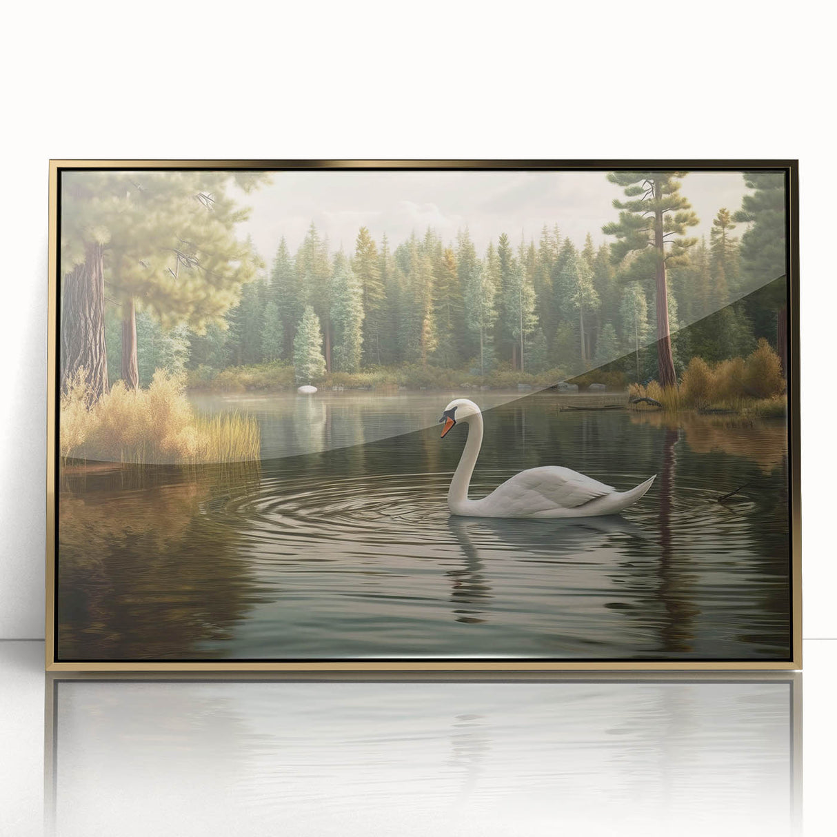 Elegant framed wall art featuring a serene swan design in gold-accented acrylic, perfect for home decor. Ideal for enhancing modern living spaces with its sophisticated aesthetic.