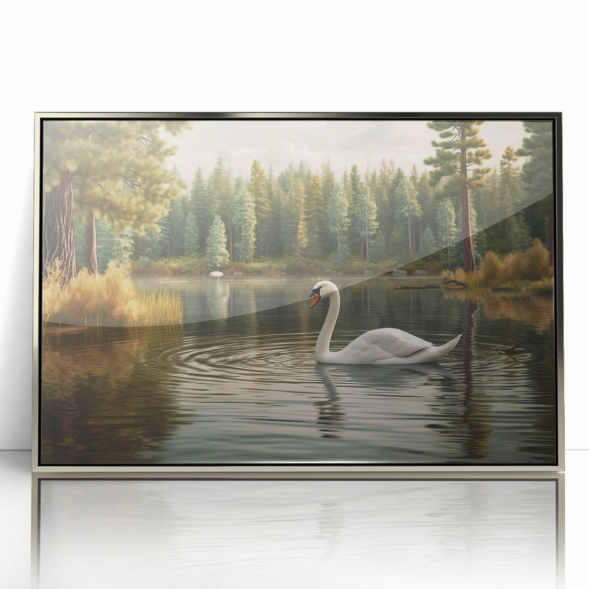 Framed wall art featuring an elegant swan design in a silver-acrylic frame, showcasing intricate details and a sleek modern aesthetic, ideal for contemporary home decor.