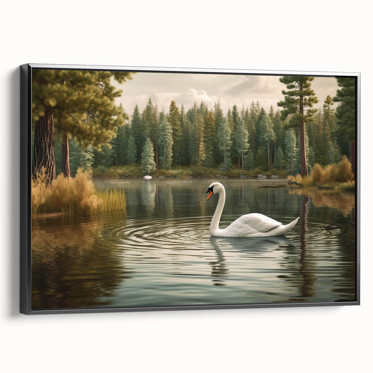 Framed canvas wall art featuring a serene black swan design, showcasing elegant details against a minimalist background, perfect for modern home decor accents.