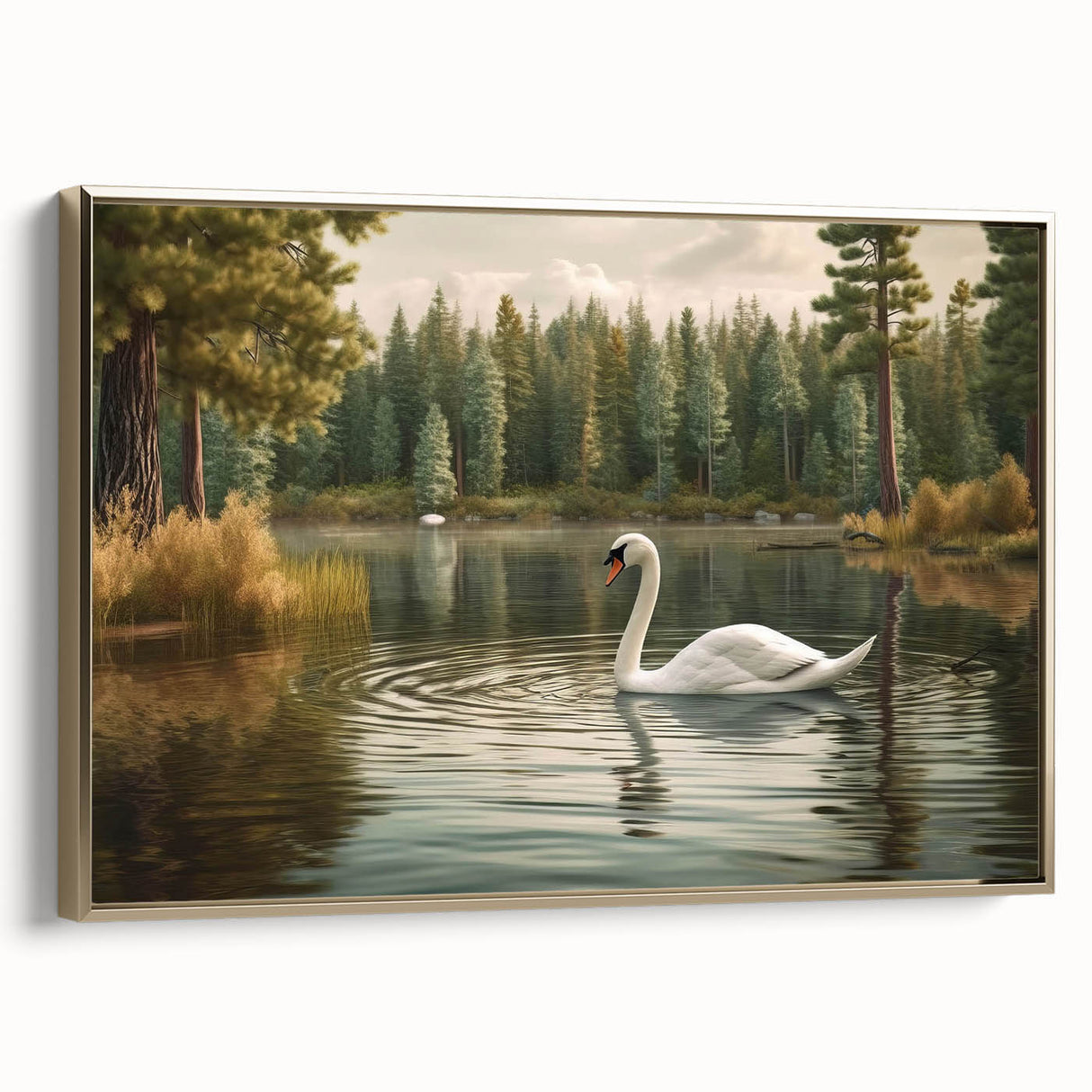Elegant framed canvas wall art featuring a serene swan design in gold tones, showcasing a modern aesthetic perfect for home decor. The side view highlights its sophisticated frame, making it an ideal centerpiece for any room.