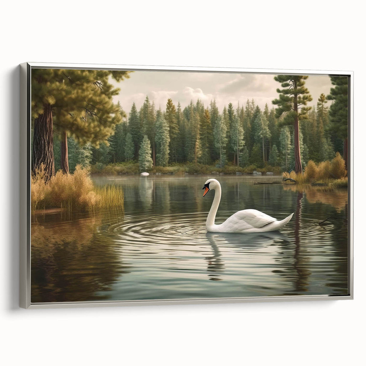 Framed canvas wall art depicting elegant swans in a serene design, showcasing silver accents and a modern aesthetic, perfect for adding sophistication to any decor.