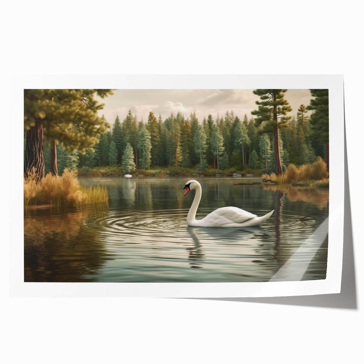 Swan-themed wall art print showcasing elegant white swans on a serene blue background, designed for home decor enthusiasts looking for nature-inspired artwork.
