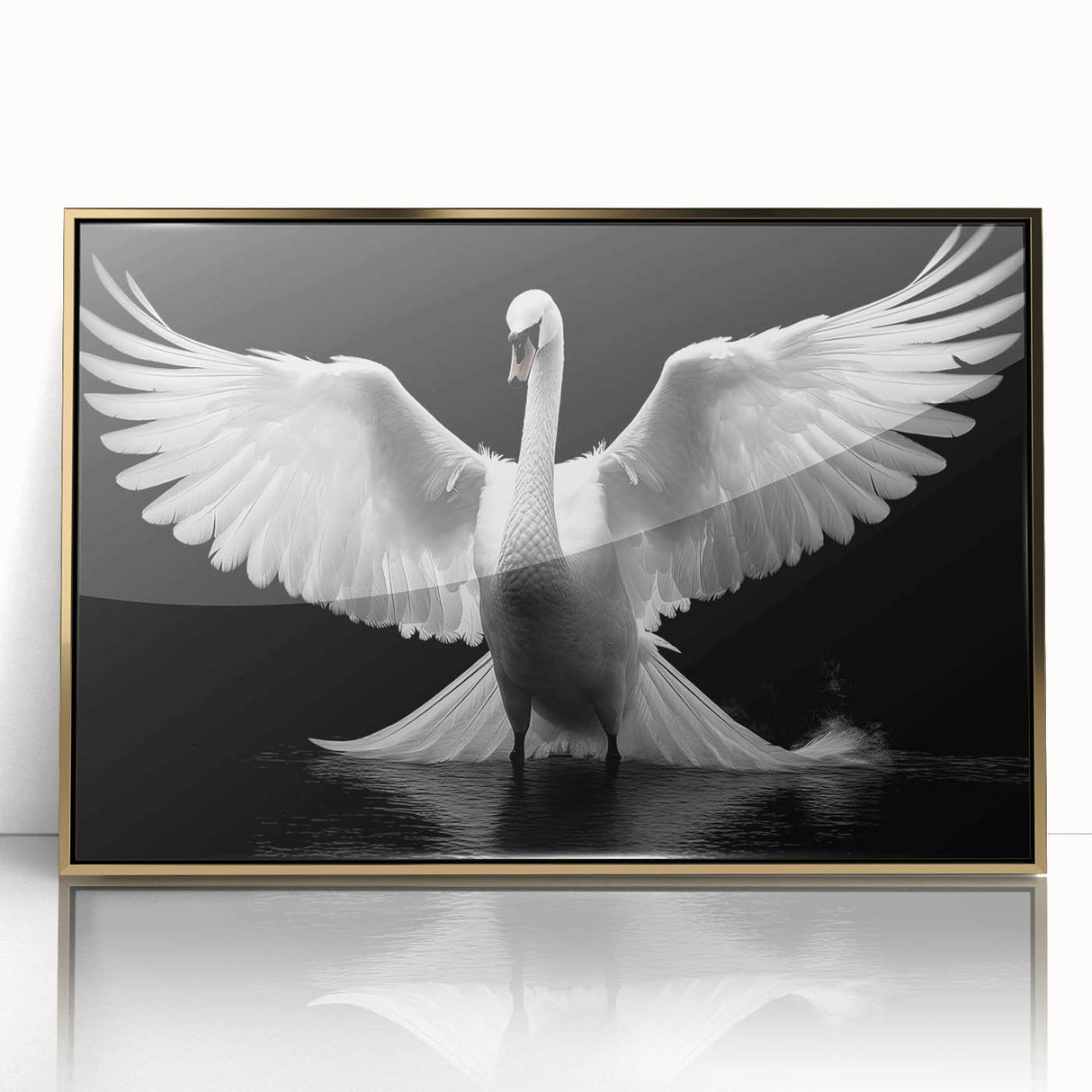 Framed wall art showcasing a stylish gold-accented design of swans, ideal for modern decor. The acrylic frame enhances the elegance, making it perfect for any living space.