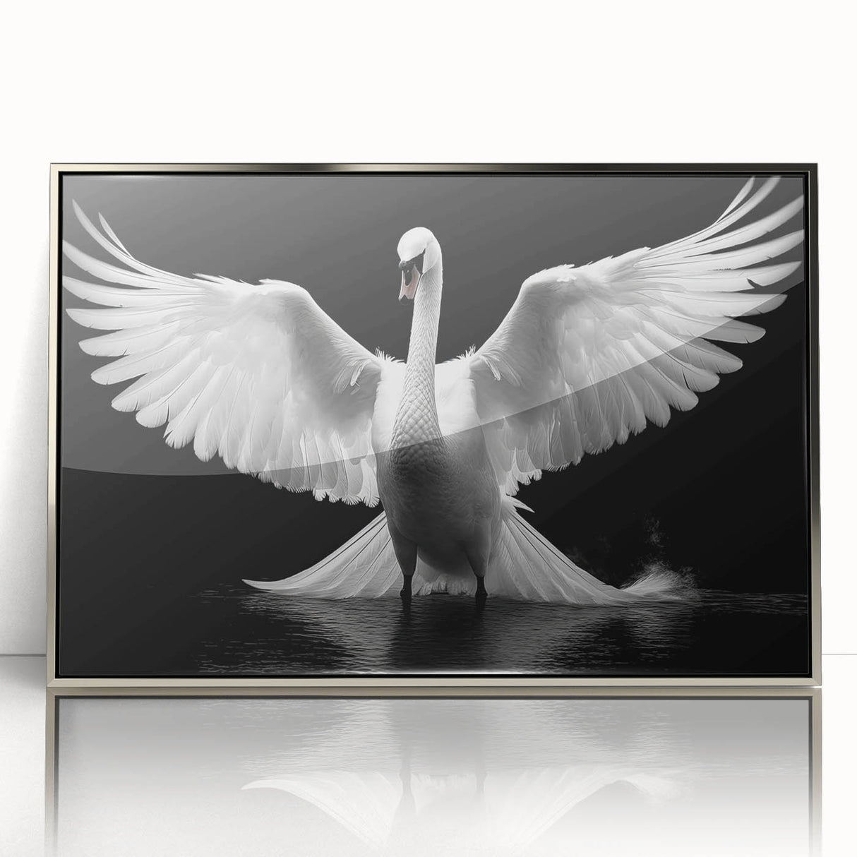Framed wall art featuring an elegant swan design in silver, showcasing intricate details and a modern aesthetic, perfect for home decor or gallery settings.