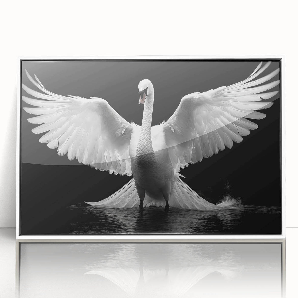 Framed wall art featuring a serene swan design in white acrylic, showcasing elegant lines and modern aesthetics, perfect for home decor or office styling.
