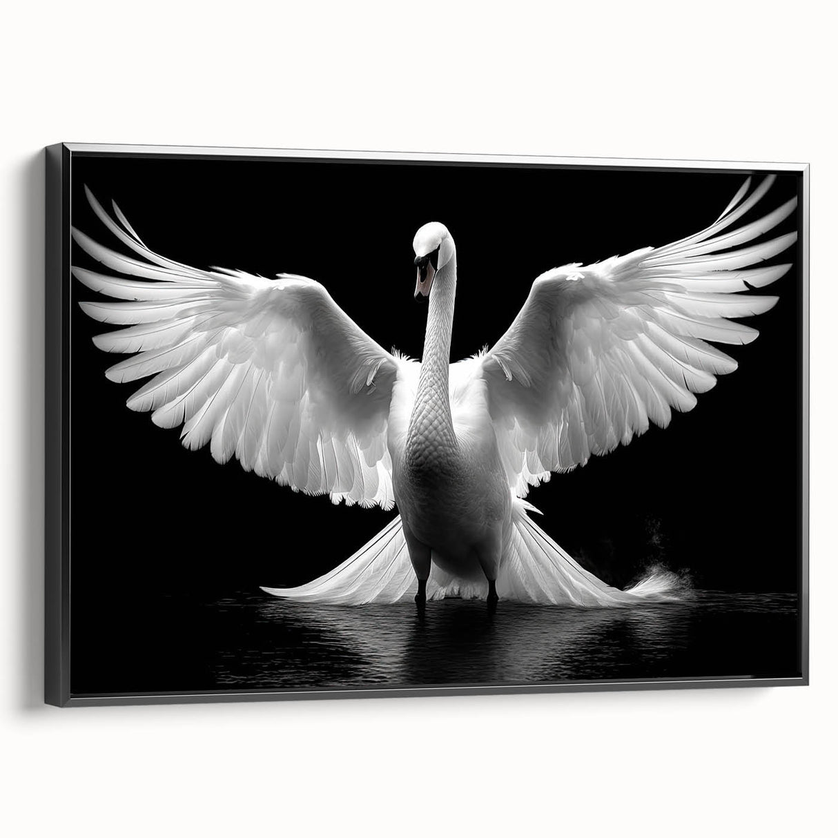 Framed canvas wall art showcasing a serene swan design in black and white, elegantly displayed from the side, perfect for modern home decor or gallery walls.