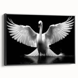 Framed canvas wall art showcasing a serene swan design in black and white, elegantly displayed from the side, perfect for modern home decor or gallery walls.