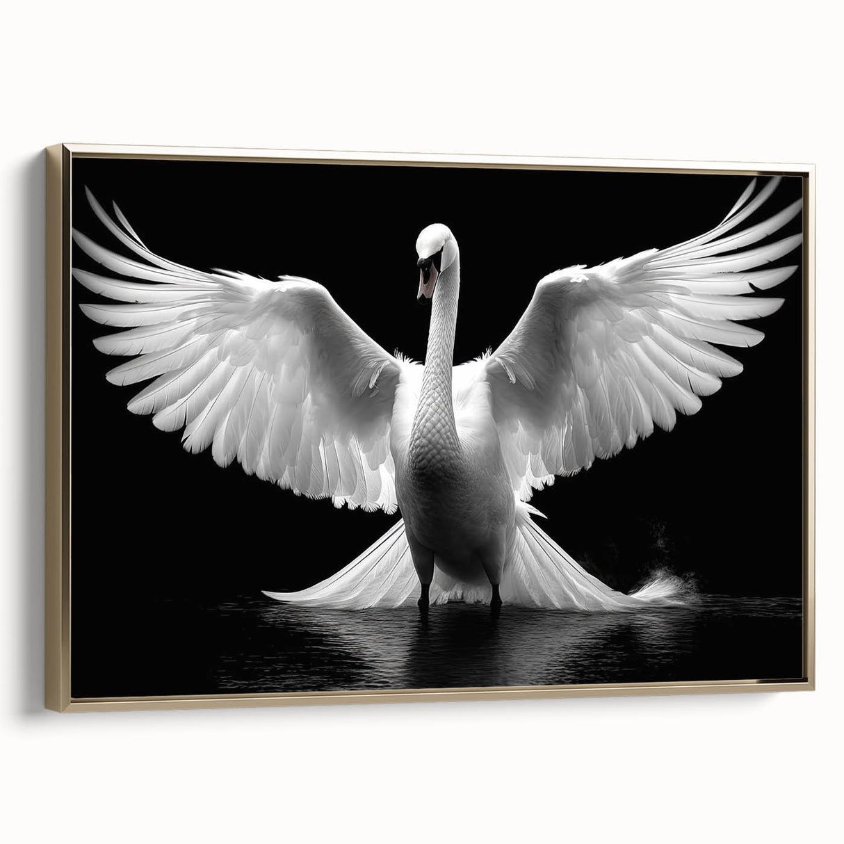 Framed wall art featuring a serene swan design with gold accents, elegantly displayed in a stylish setting, ideal for enhancing home décor or office spaces.
