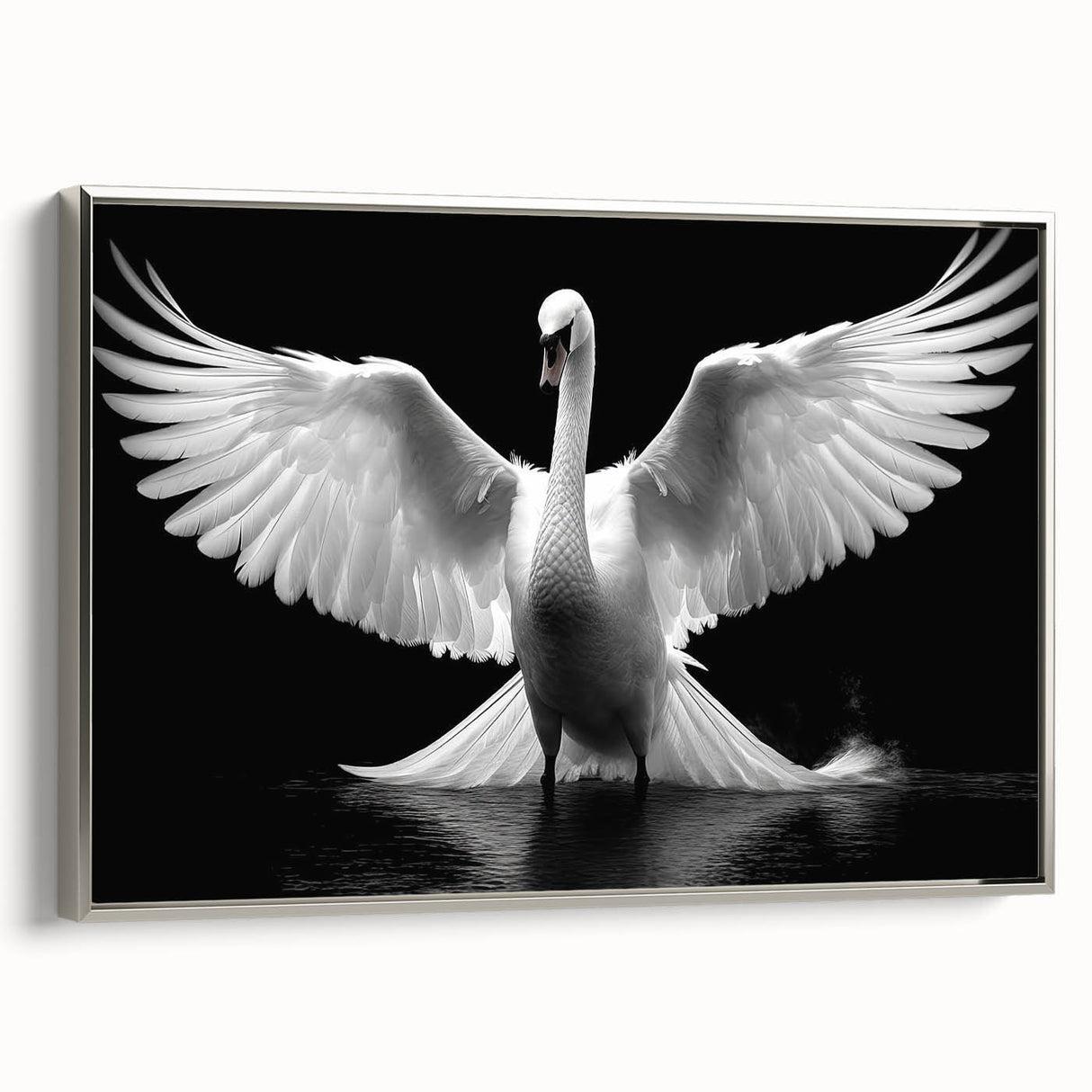 Elegant framed wall art featuring a serene swan design on canvas, showcasing a silver frame. Perfect for enhancing home decor with nature-inspired elegance.