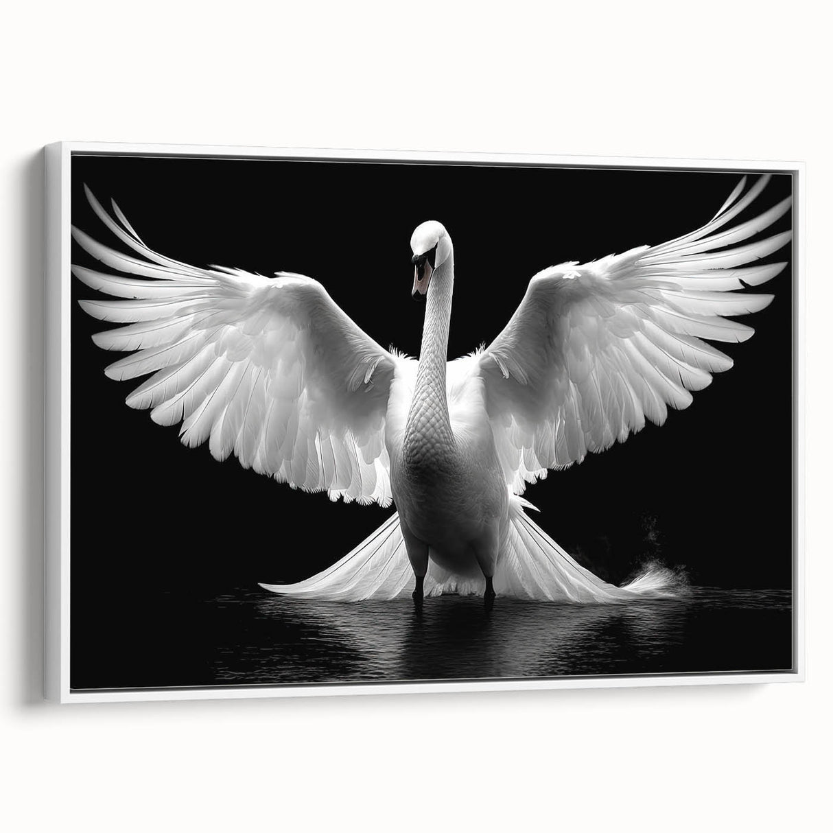 Framed canvas wall art featuring a serene swan design in a minimalist white frame, showcasing elegant lines and soft colors, perfect for modern home decor.