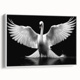 Framed canvas wall art featuring a serene swan design in a minimalist white frame, showcasing elegant lines and soft colors, perfect for modern home decor.