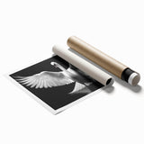 Elegant swan wall art print featuring intricate design details in soft pastel colors, rolled and ready for framing, perfect for adding a touch of sophistication to any room.
