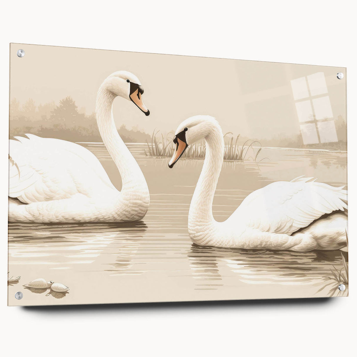 Swan design wall art collection displayed in an acrylic glass frame, showcasing vibrant colors and intricate details, perfect for enhancing modern decor.