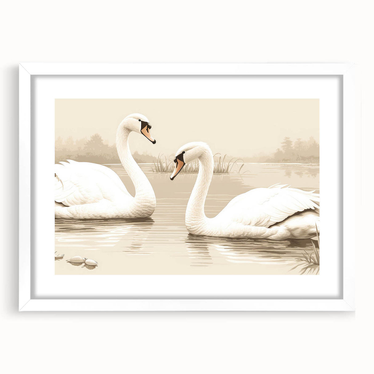 Elegant wall art featuring a minimalist swan design in a white frame with matting, perfect for modern home decor. Ideal for adding a touch of sophistication to any room.