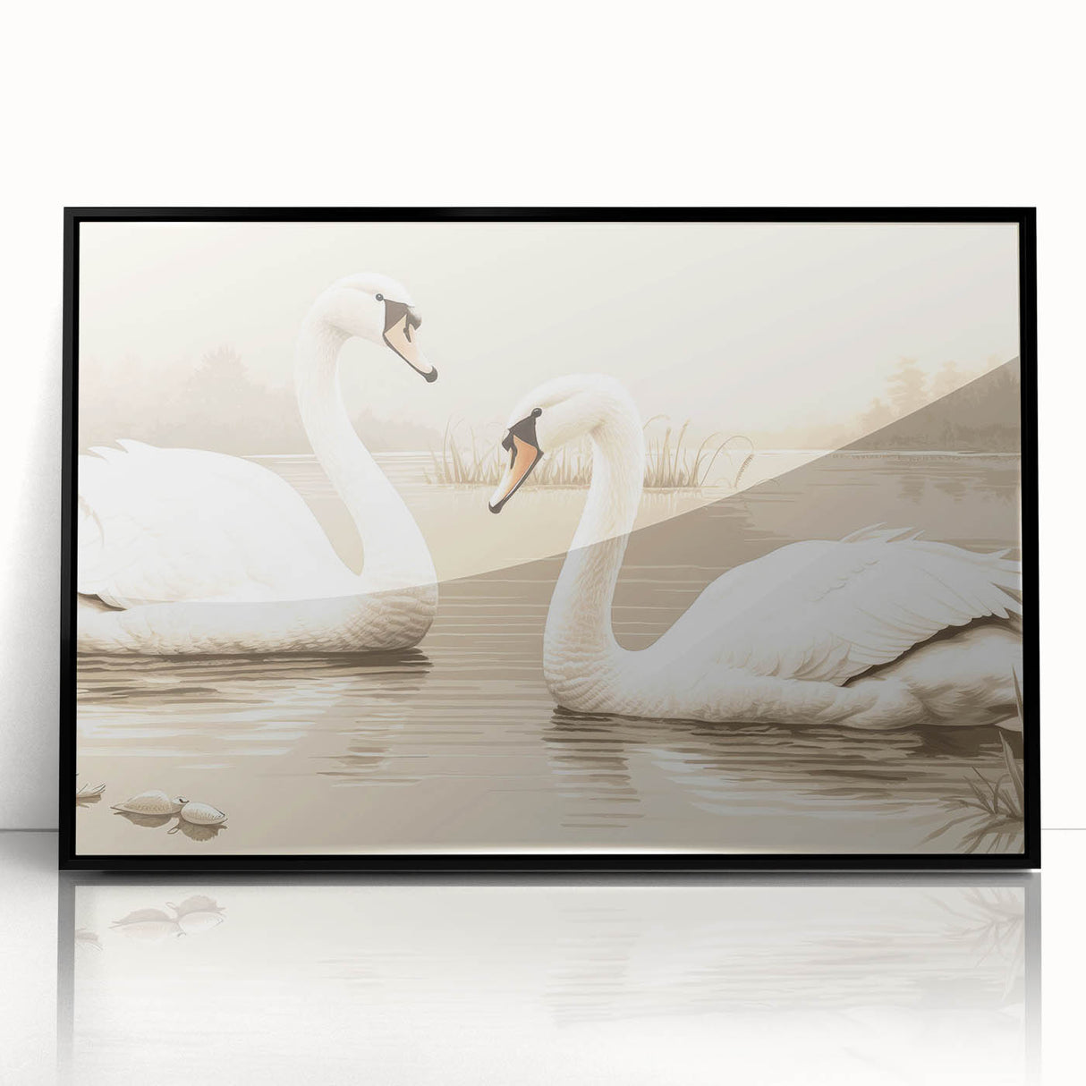 Framed wall art featuring a graceful swan design, showcasing intricate details and a sleek black acrylic frame, perfect for modern home decor.