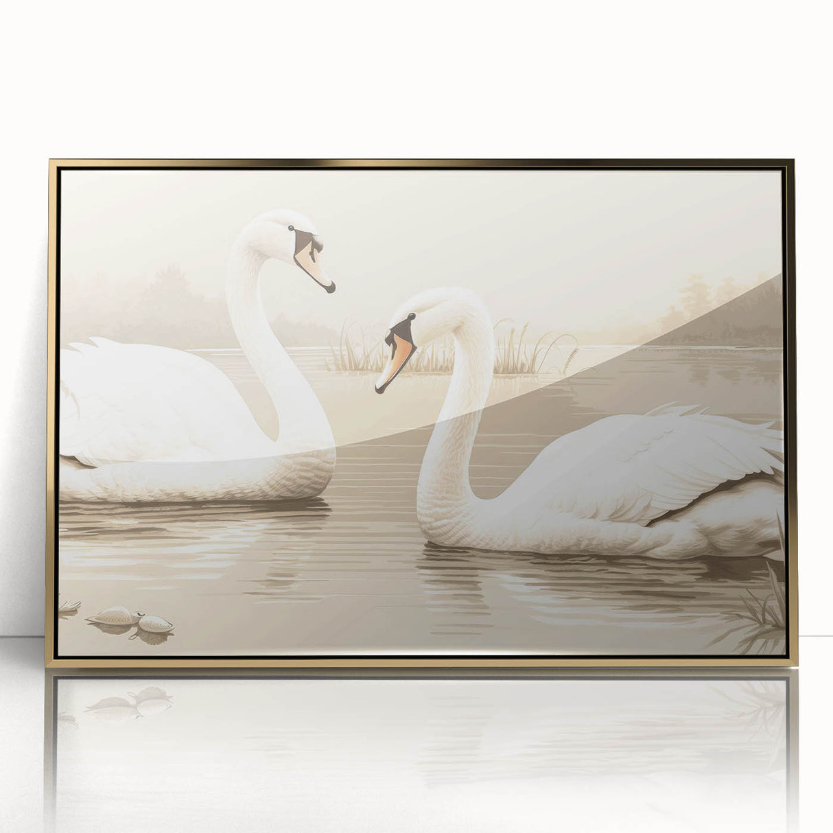 Framed wall art featuring an elegant swan design in gold accents, showcasing a modern acrylic finish. Perfect for enhancing home decor with a touch of sophistication.
