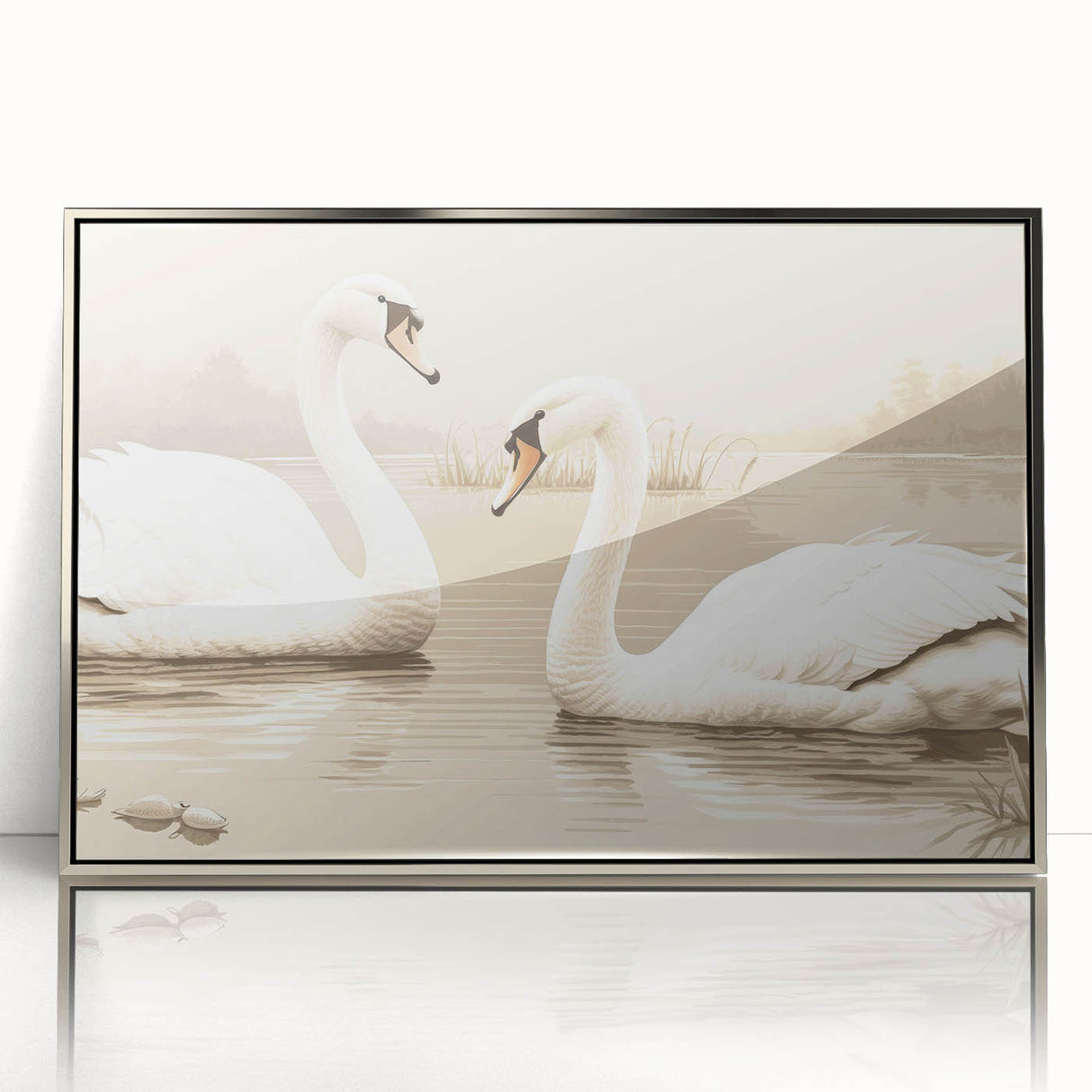 Framed wall art collection showcasing a graceful swan design with acrylic glass in a sleek silver frame, ideal for enhancing modern home decor aesthetics.