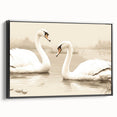Framed canvas wall art featuring an elegant swan design in a minimalist black frame, showcasing intricate details and a serene color palette, ideal for modern decor.