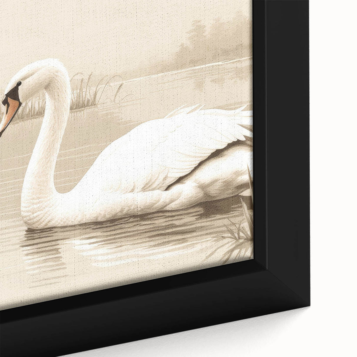 Close-up of a framed canvas wall art piece depicting elegant swans in a serene setting, featuring soft pastel colors and intricate details, perfect for home decor.