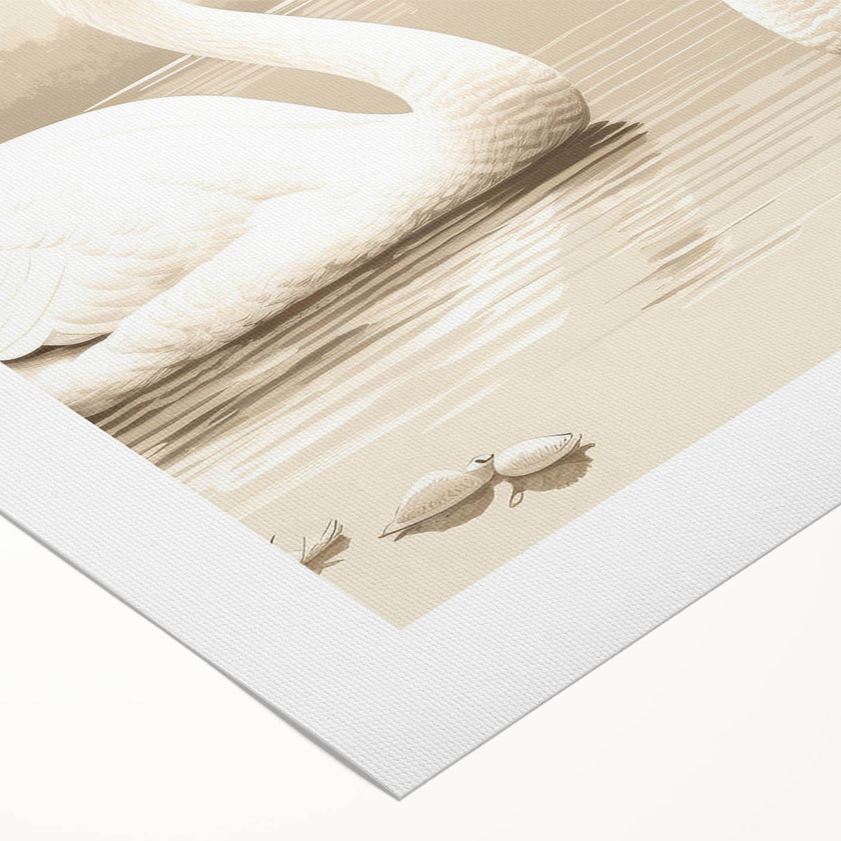 Elegant rolled canvas art print showcasing a serene swan design set against a soft pastel background, perfect for home decor or gallery display. This artwork adds a touch of tranquility and sophistication to any space.