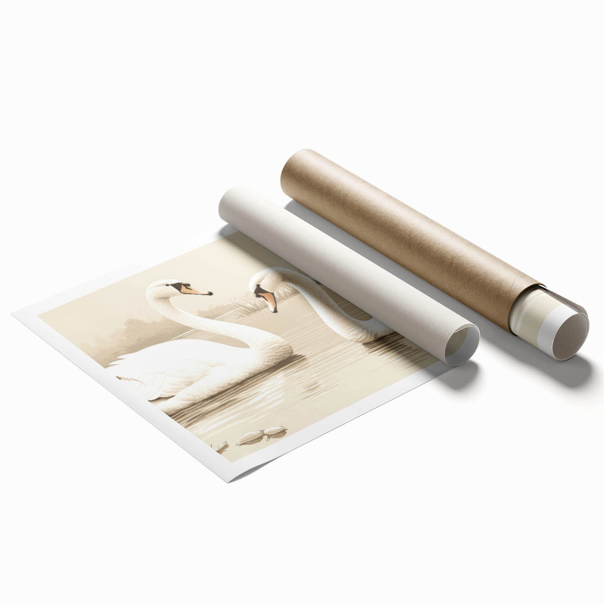 Elegant rolled print showcasing a serene swan design in soft pastel colors, ideal for home decor or art collection, packaged securely in a cardboard tube for protection.