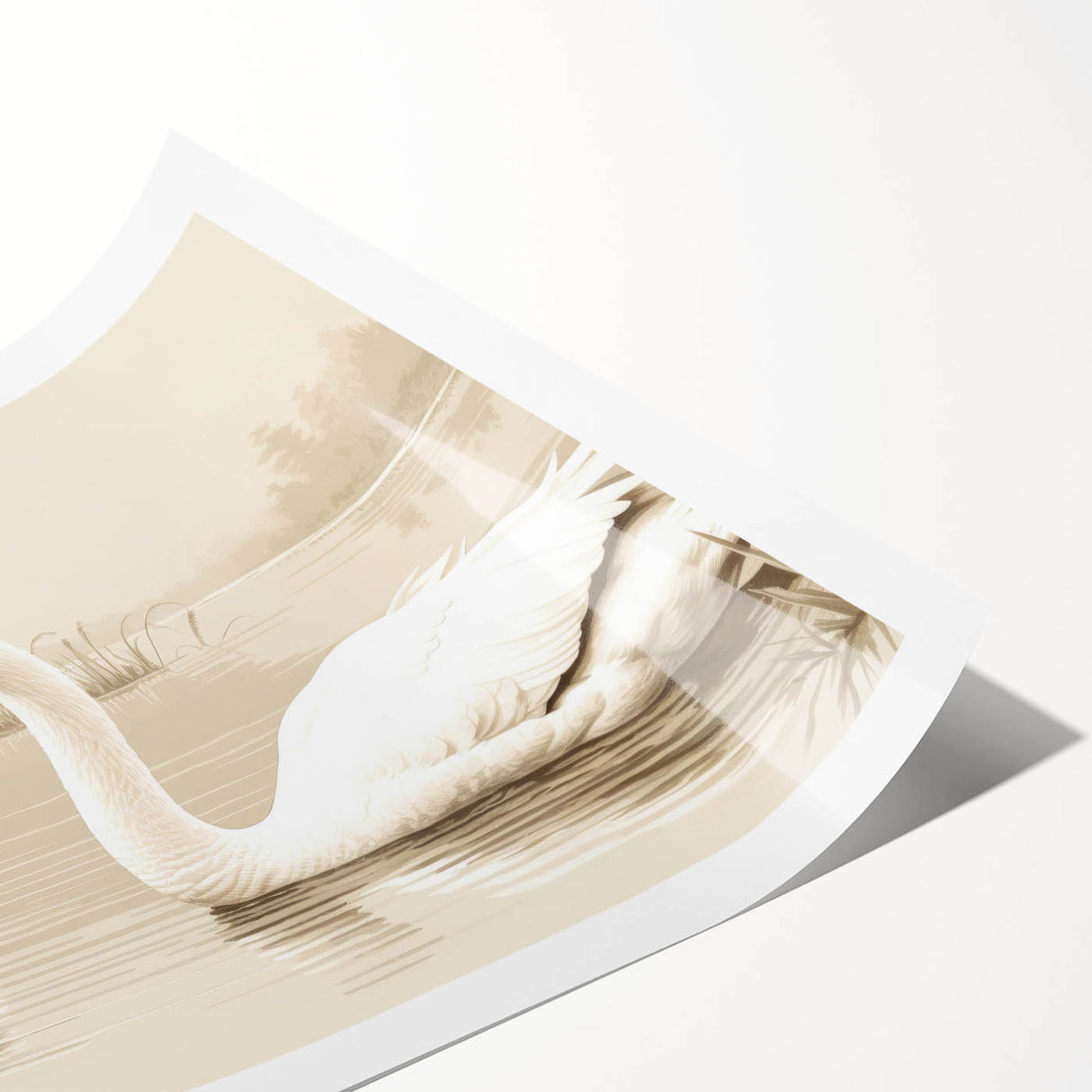 Elegant rolled print featuring a serene swan design, perfect for modern home decor. The artwork showcases soft pastel colors and intricate details, ideal for a nature-inspired theme.